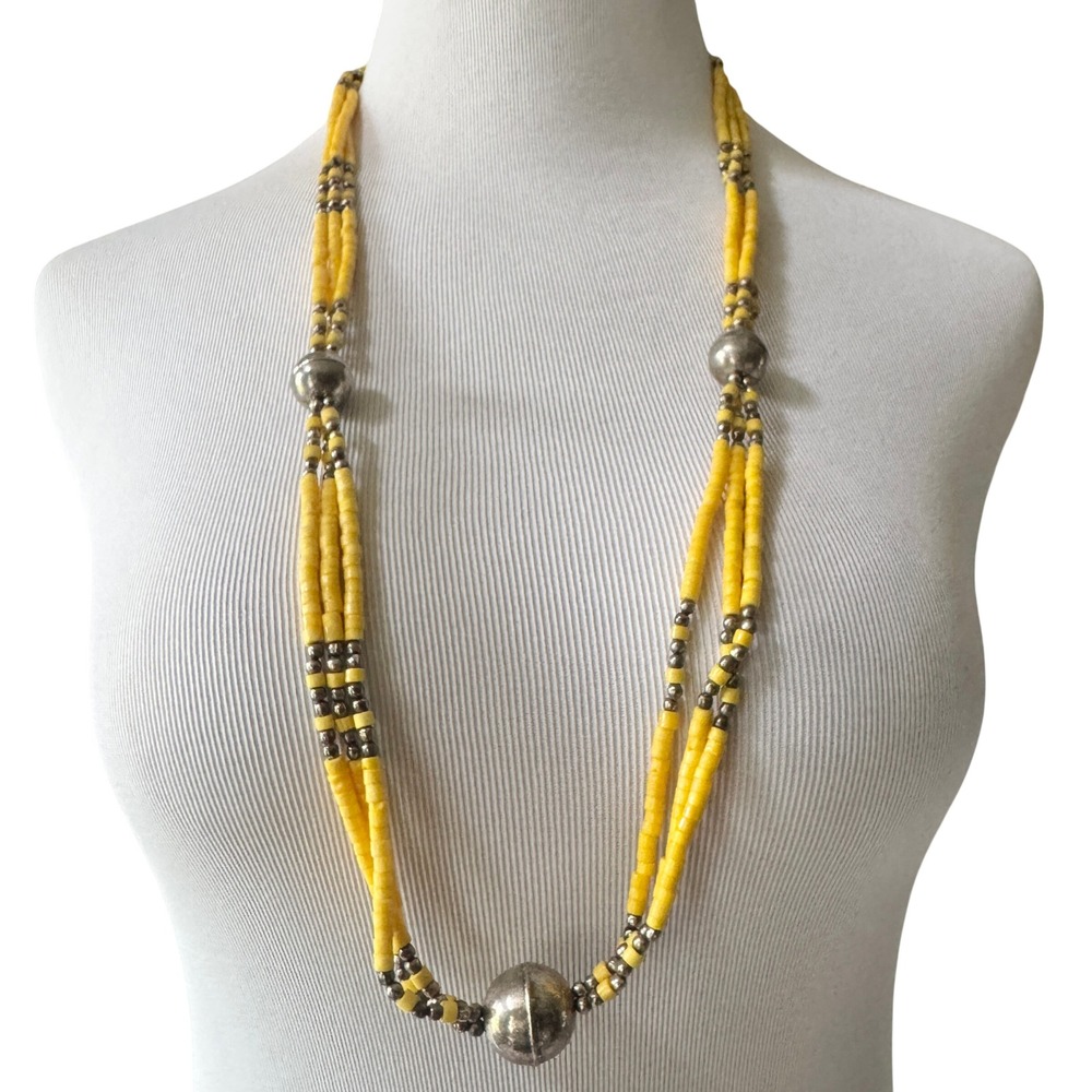 Vintage 1970s Yellow & Silver Beaded Statement Necklace Long Festival Boho - Picture 2 of 9